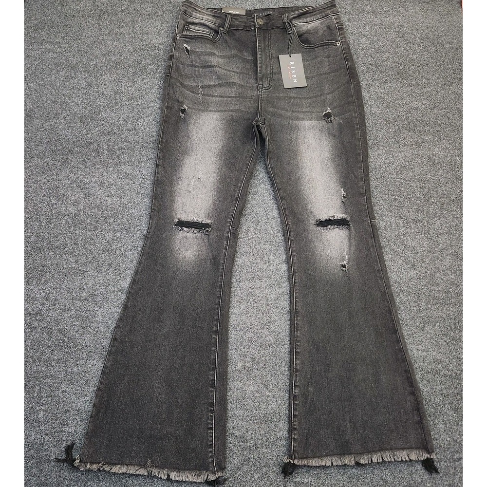 Risen Los Angeles Womens 1XL Black Hailee High Rise Frayed Hem Jeans Edgy Grunge